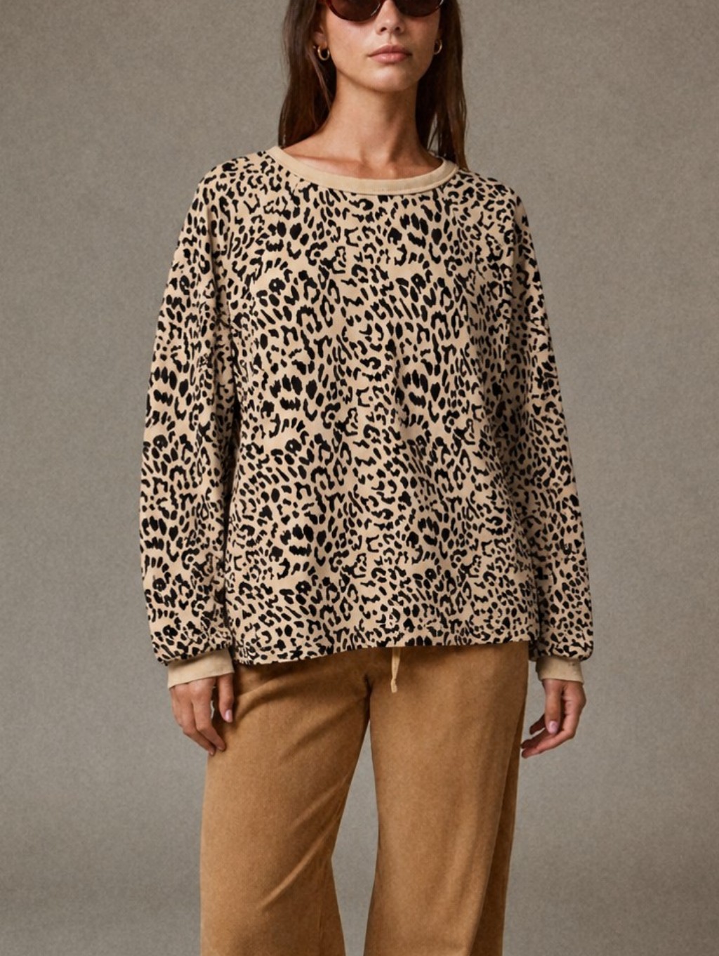 Papermoon Leopard Print Long Sleeve Top Size Medium Tan Black Animal Print